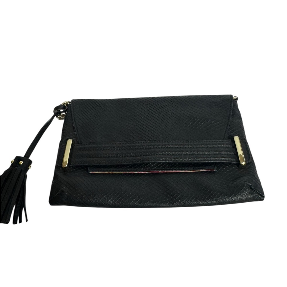 Sam‎ & Libby Black Faux Snakeskin Fold-Over Clutch with Tassel